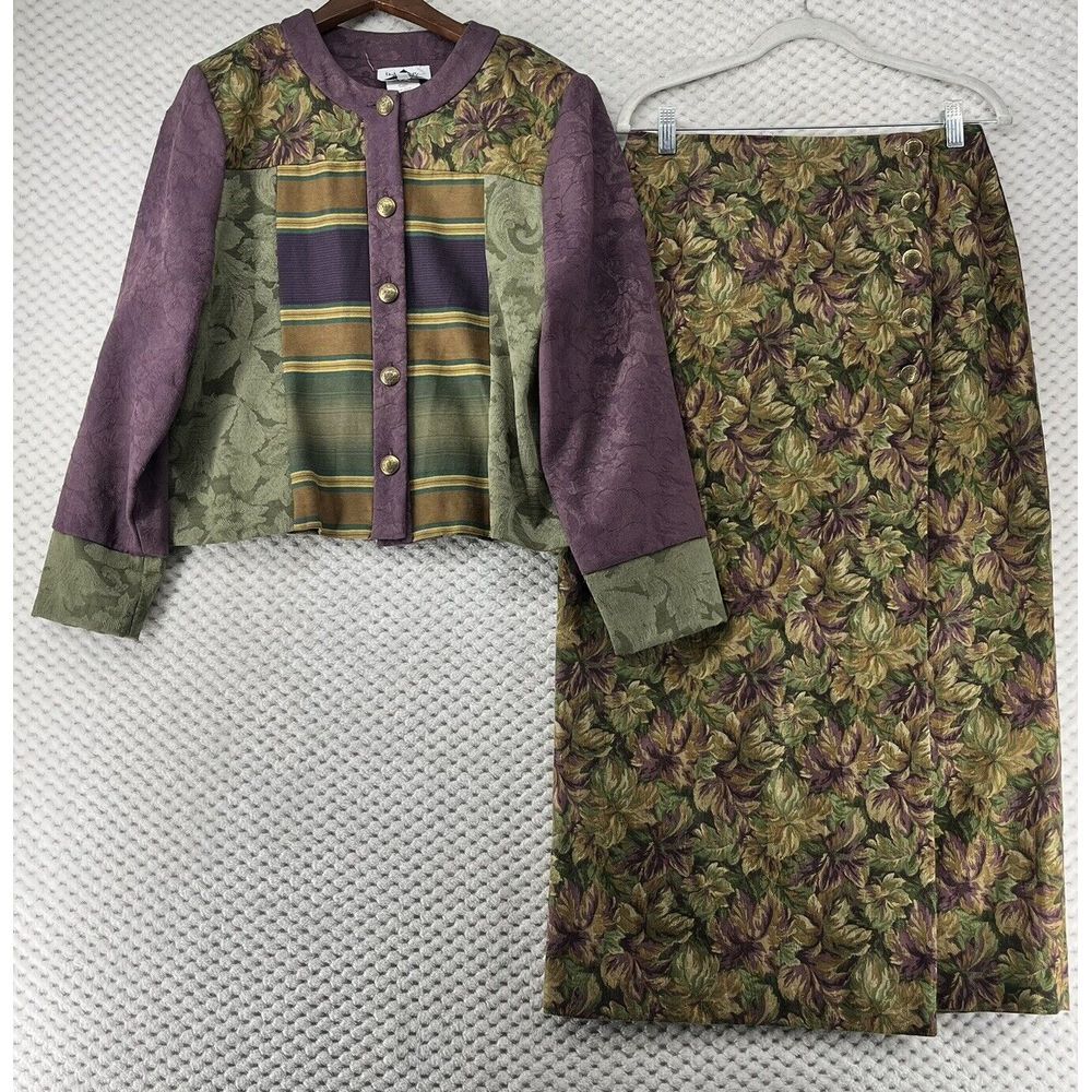 Vintage Lindsey Scott Skirt Suit Tapestry Mixed Media Maxi Wrap Floral USA M 10‎